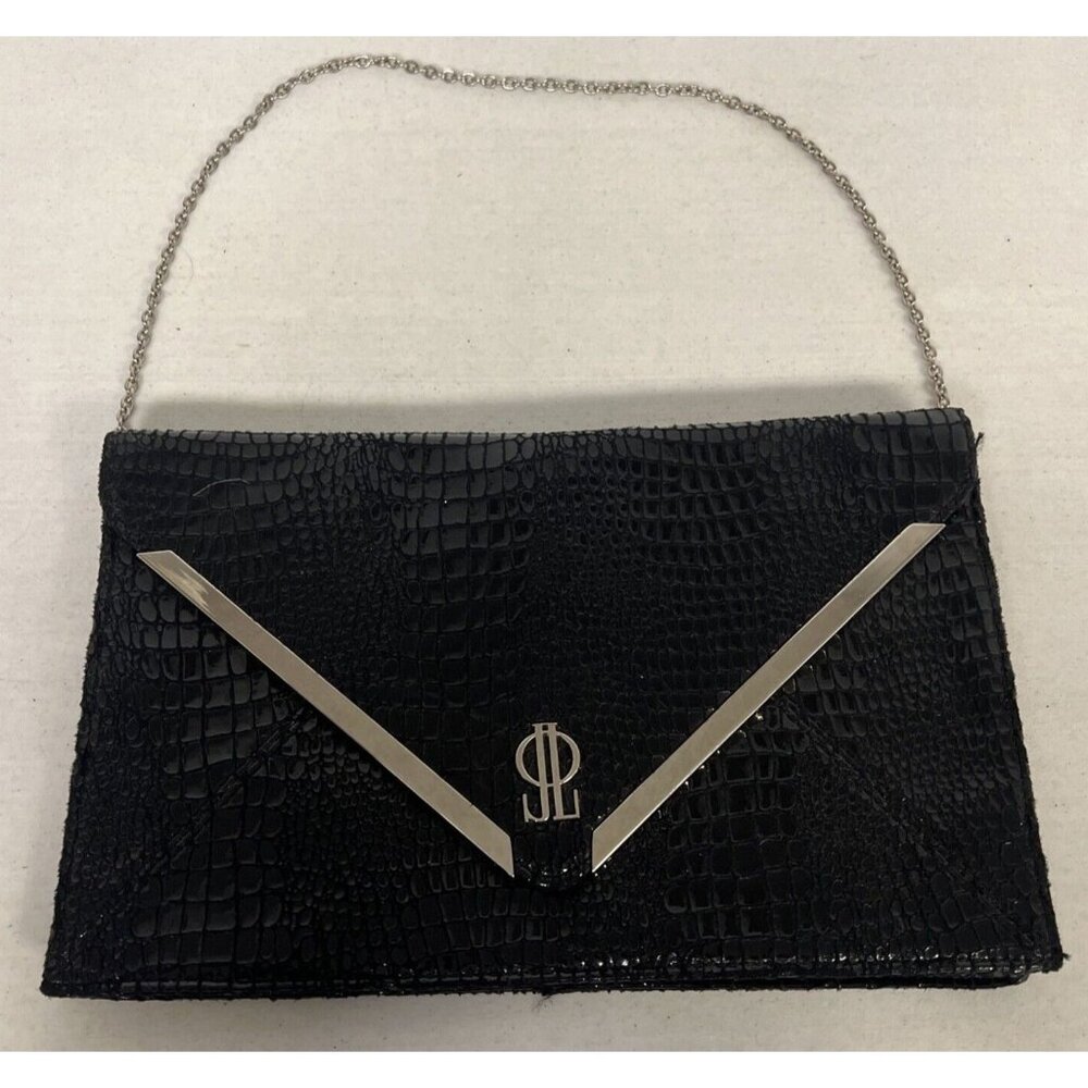 JLO Black Rochelle Faux Crocodile Embossed Clutch Bag Purse Silver Accents